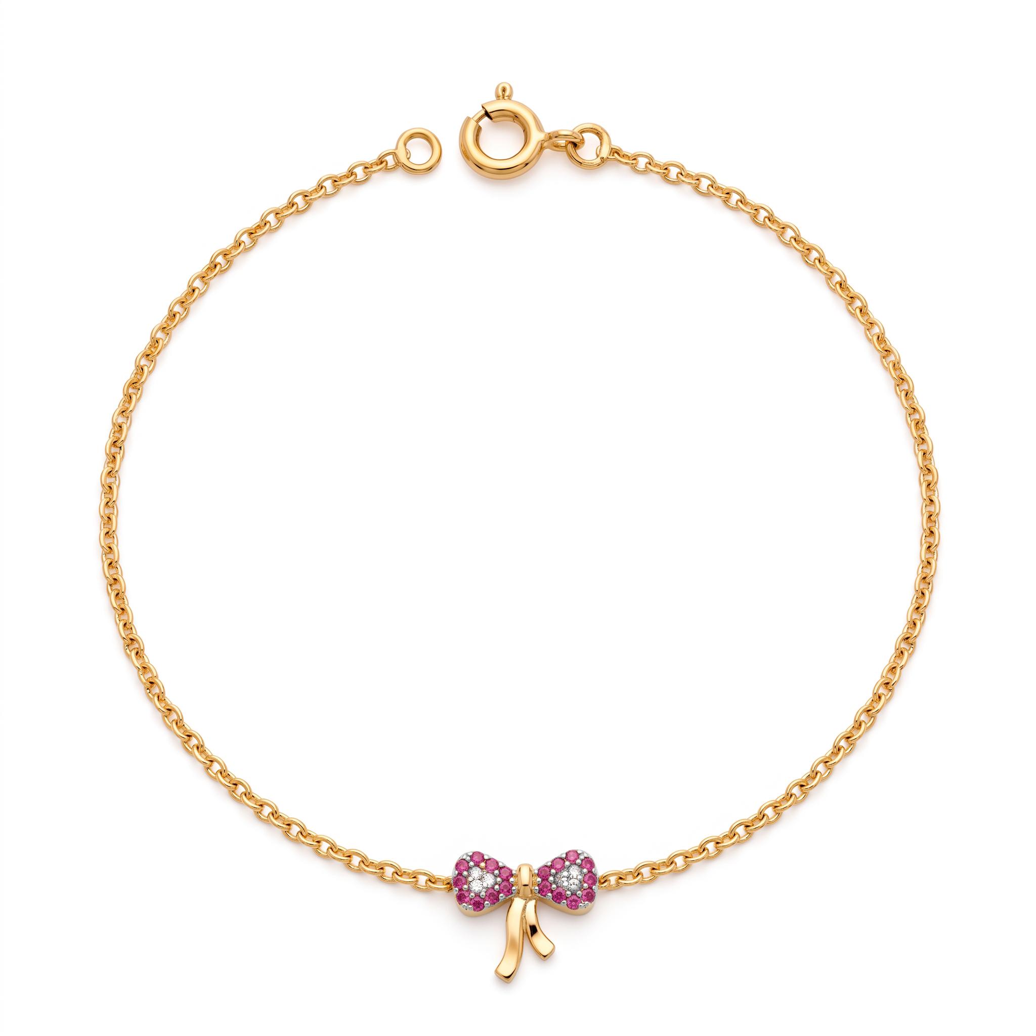 White & Ruby Cz Stone Pave Bow Charm Bracelet ,