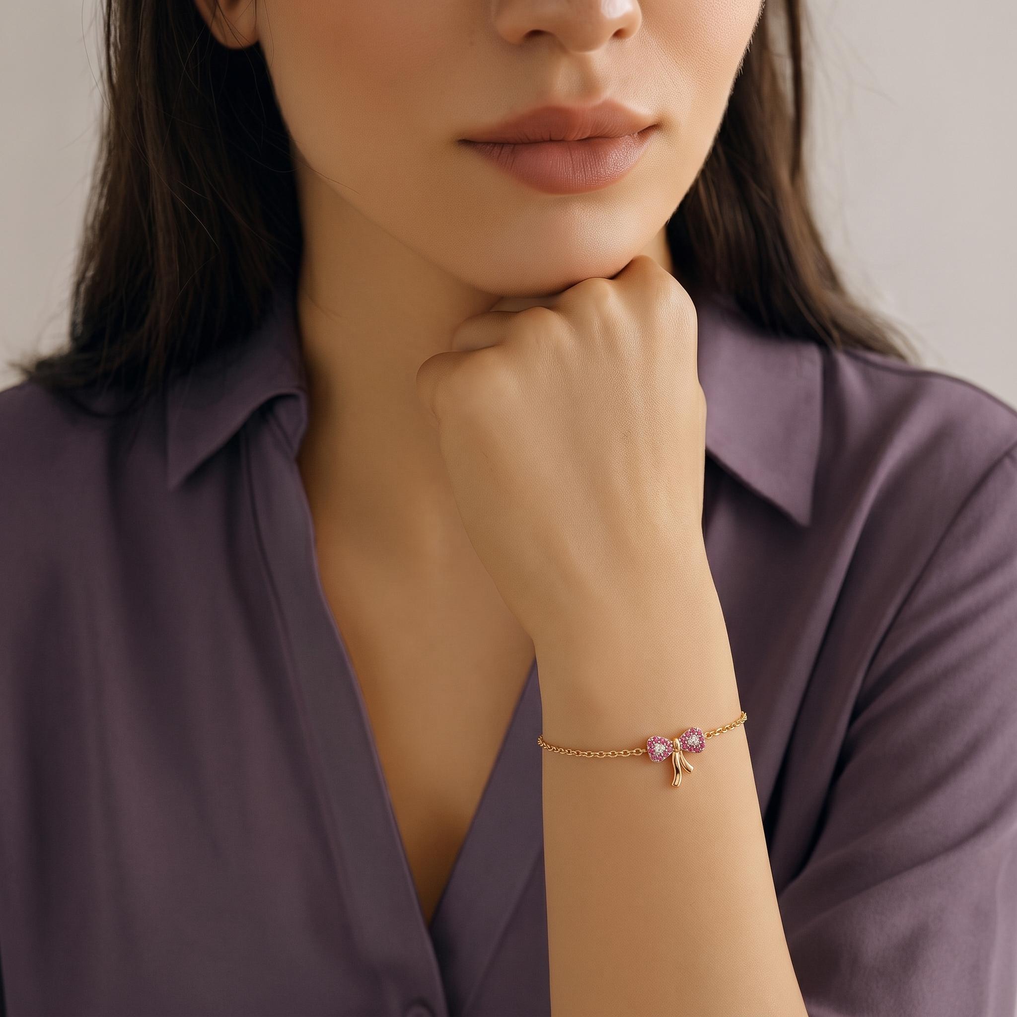 White & Ruby Cz Stone Pave Bow Charm Bracelet ,