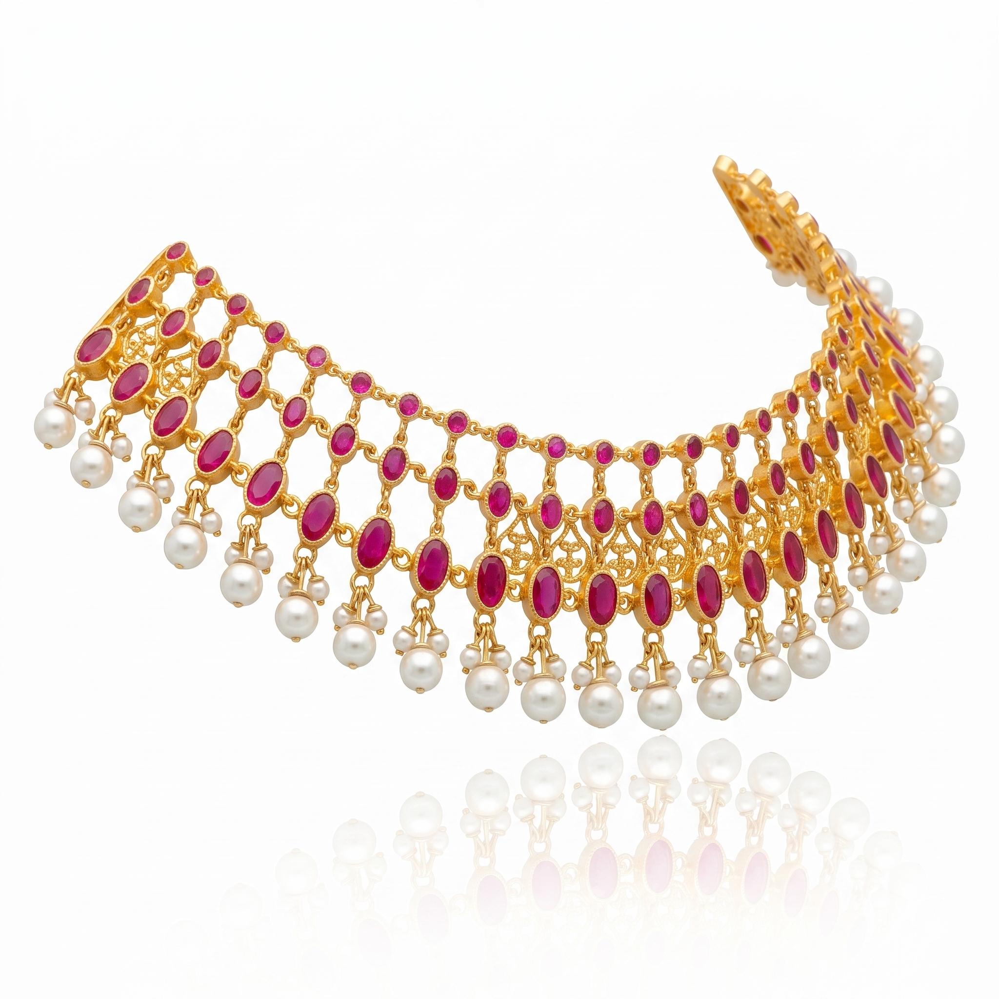 Royal Ruby & Pearl Lattice Choker Necklace ,