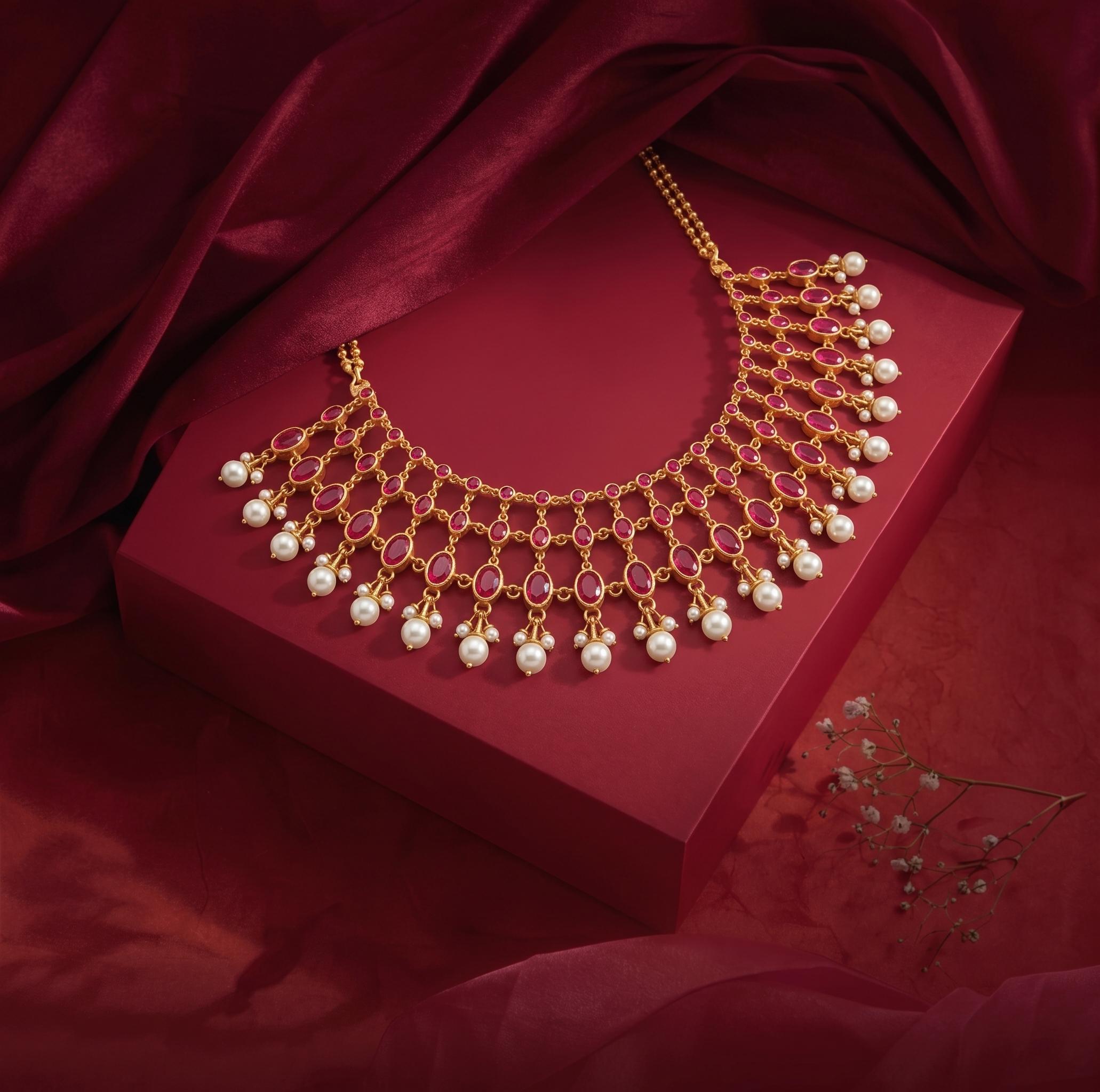 Royal Ruby & Pearl Lattice Choker Necklace ,