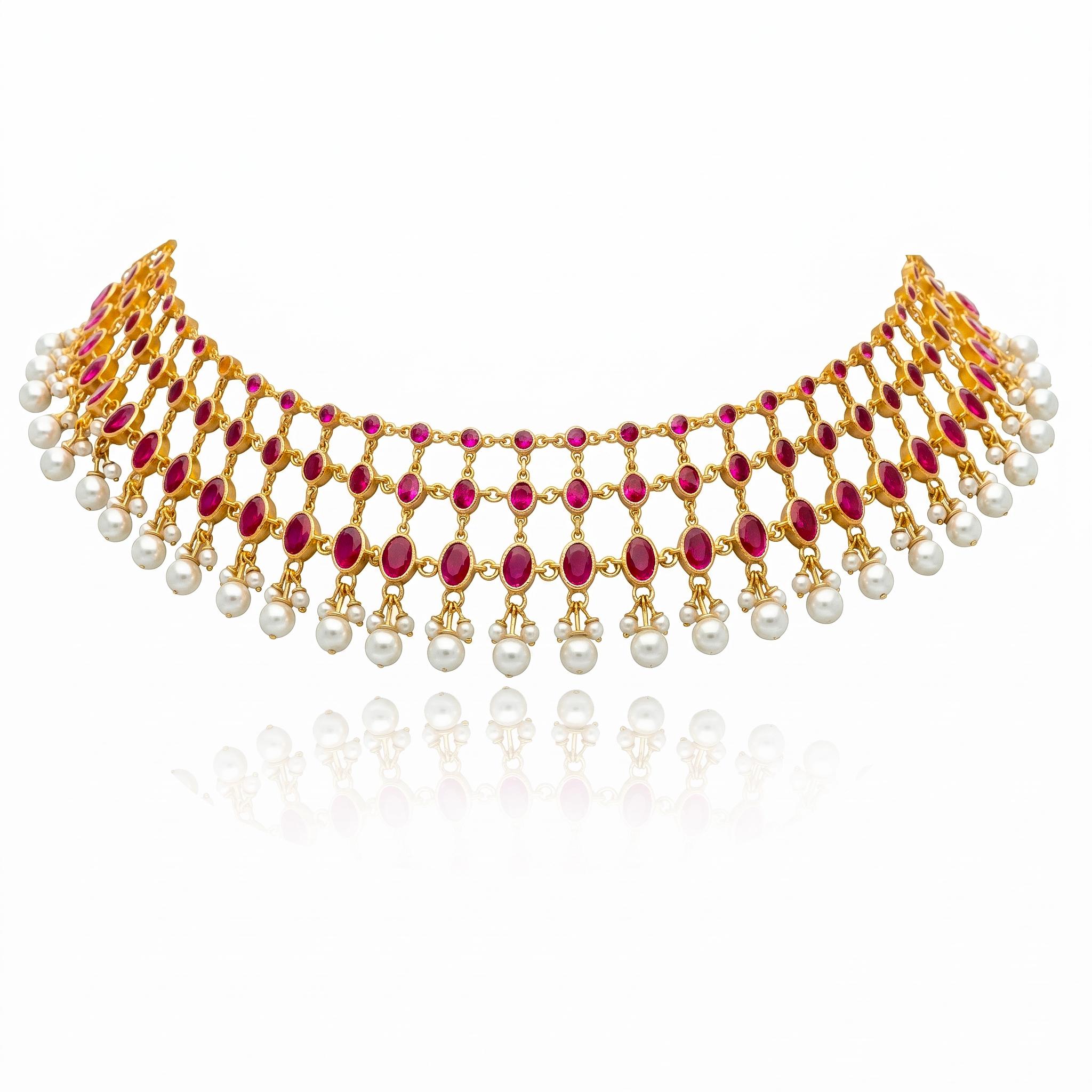 Royal Ruby & Pearl Lattice Choker Necklace ,