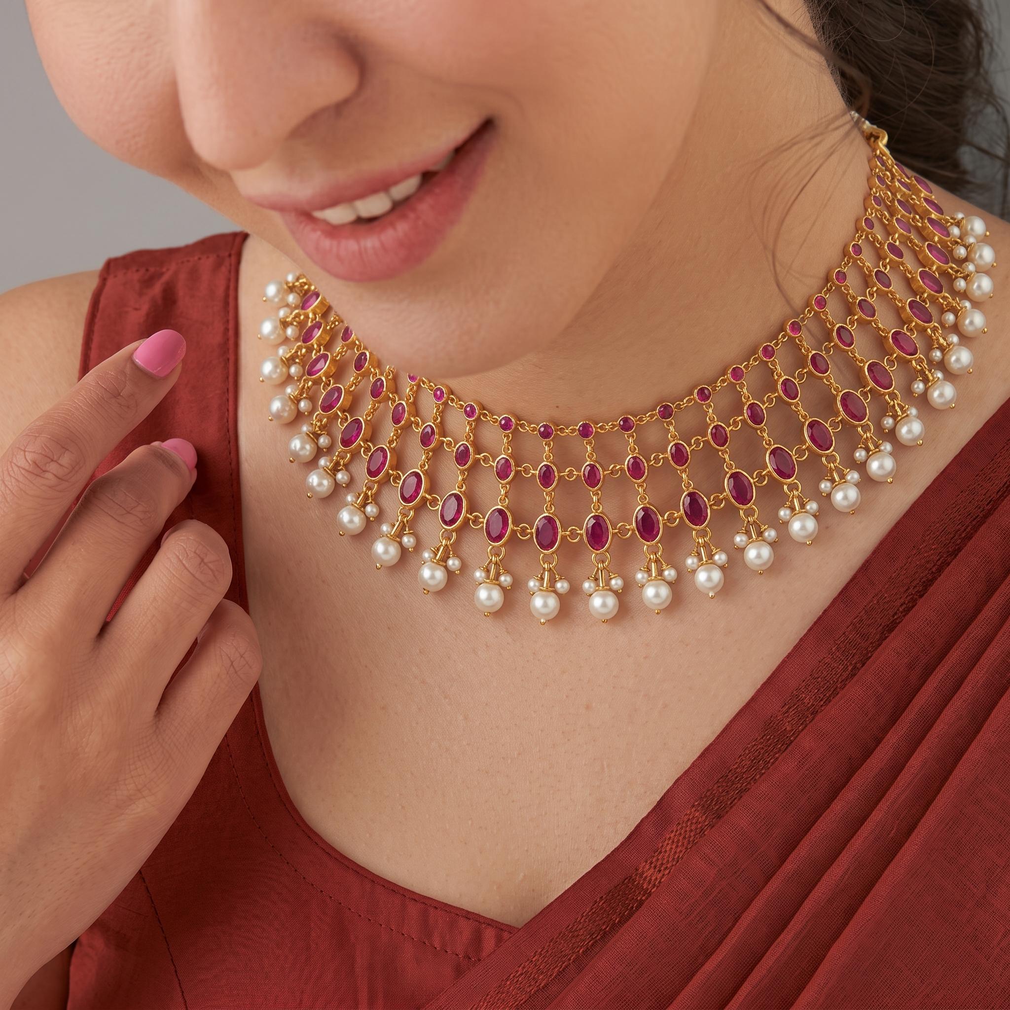 Royal Ruby & Pearl Lattice Choker Necklace ,