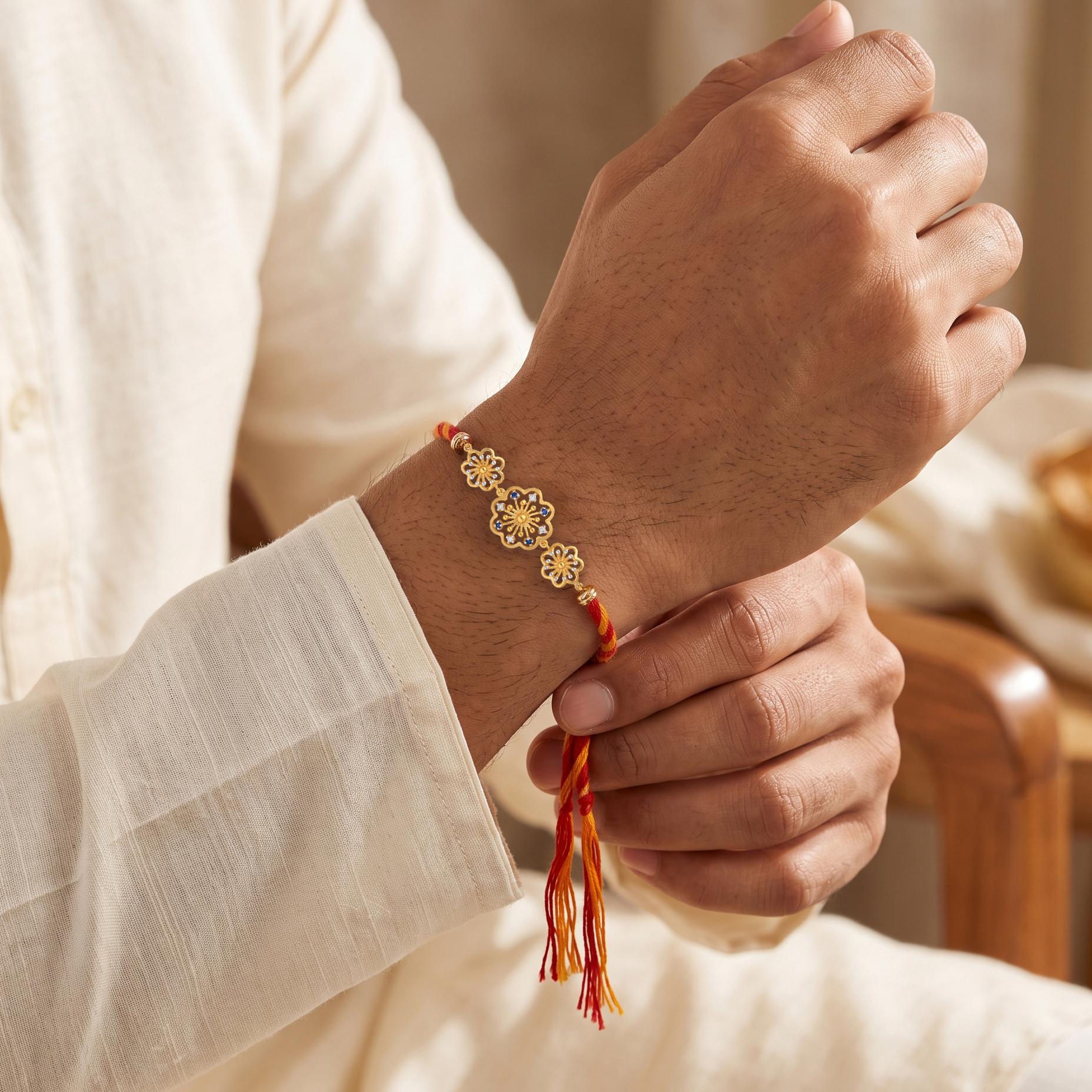 Floral Stone Silver Gold-Plated Rakhi ,