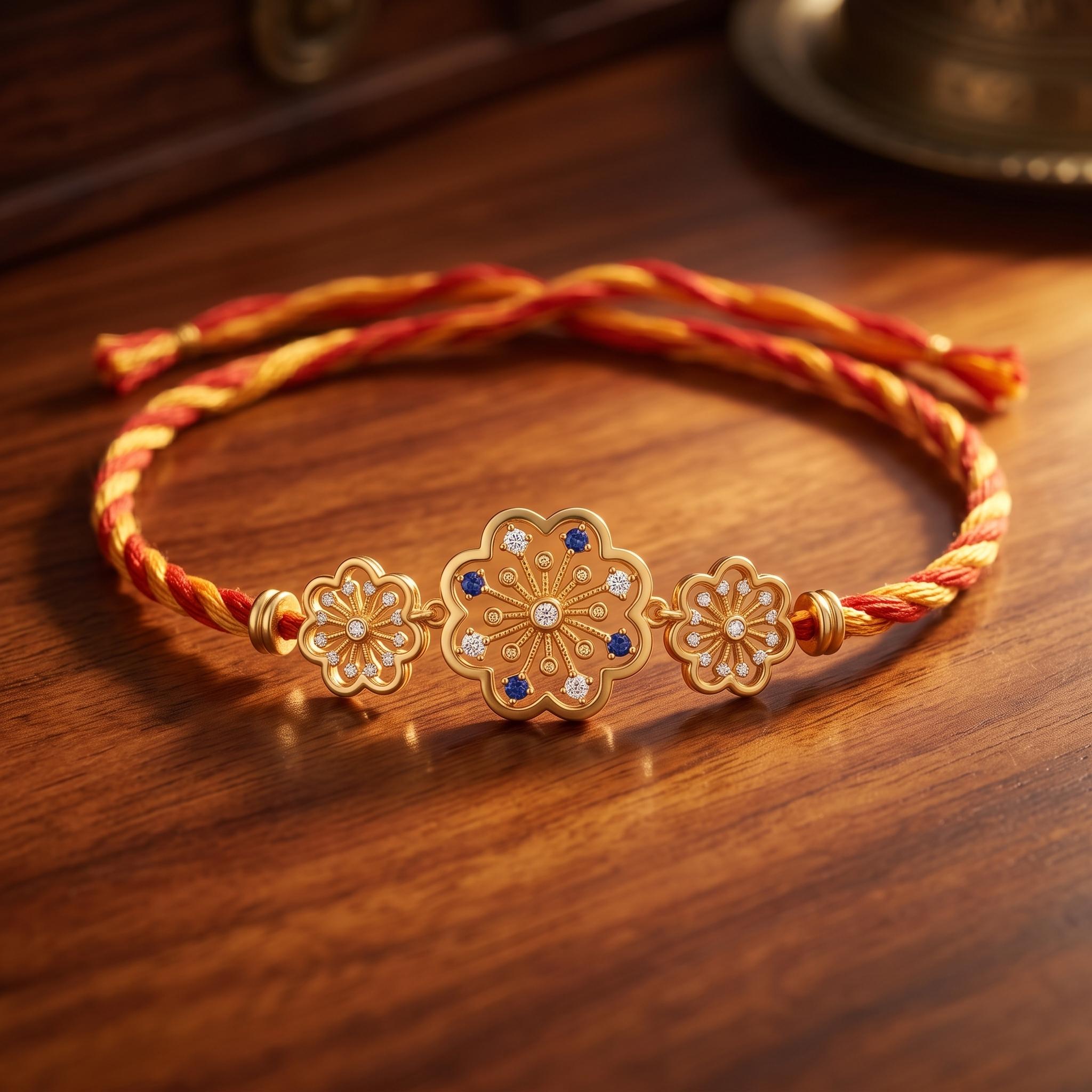 Floral Stone Silver Gold-Plated Rakhi ,