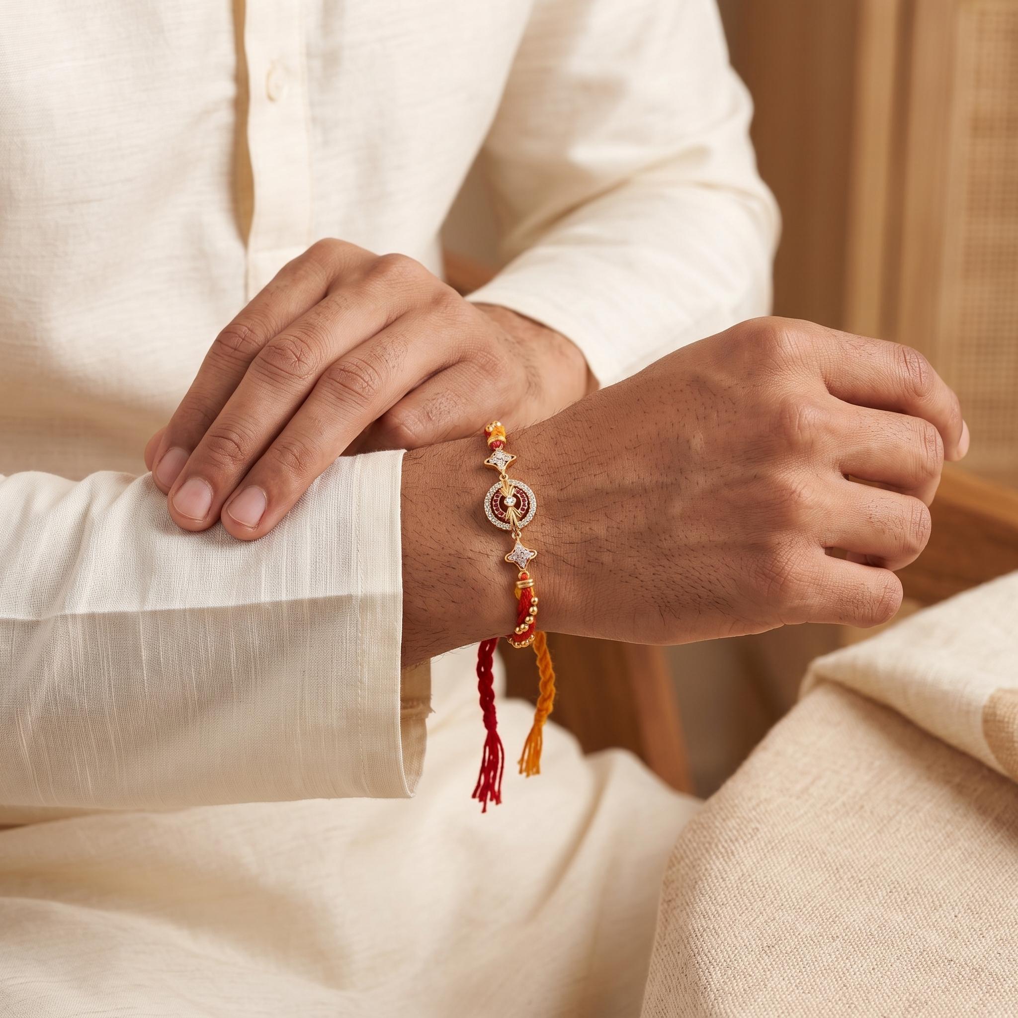 Circular Medallion Silver Gold-Plated Rakhi ,
