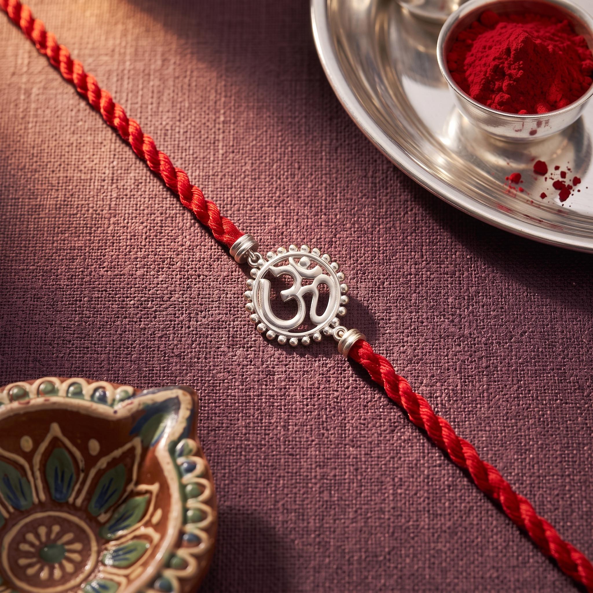 Sacred Om Sunburst Silver Rakhi ,