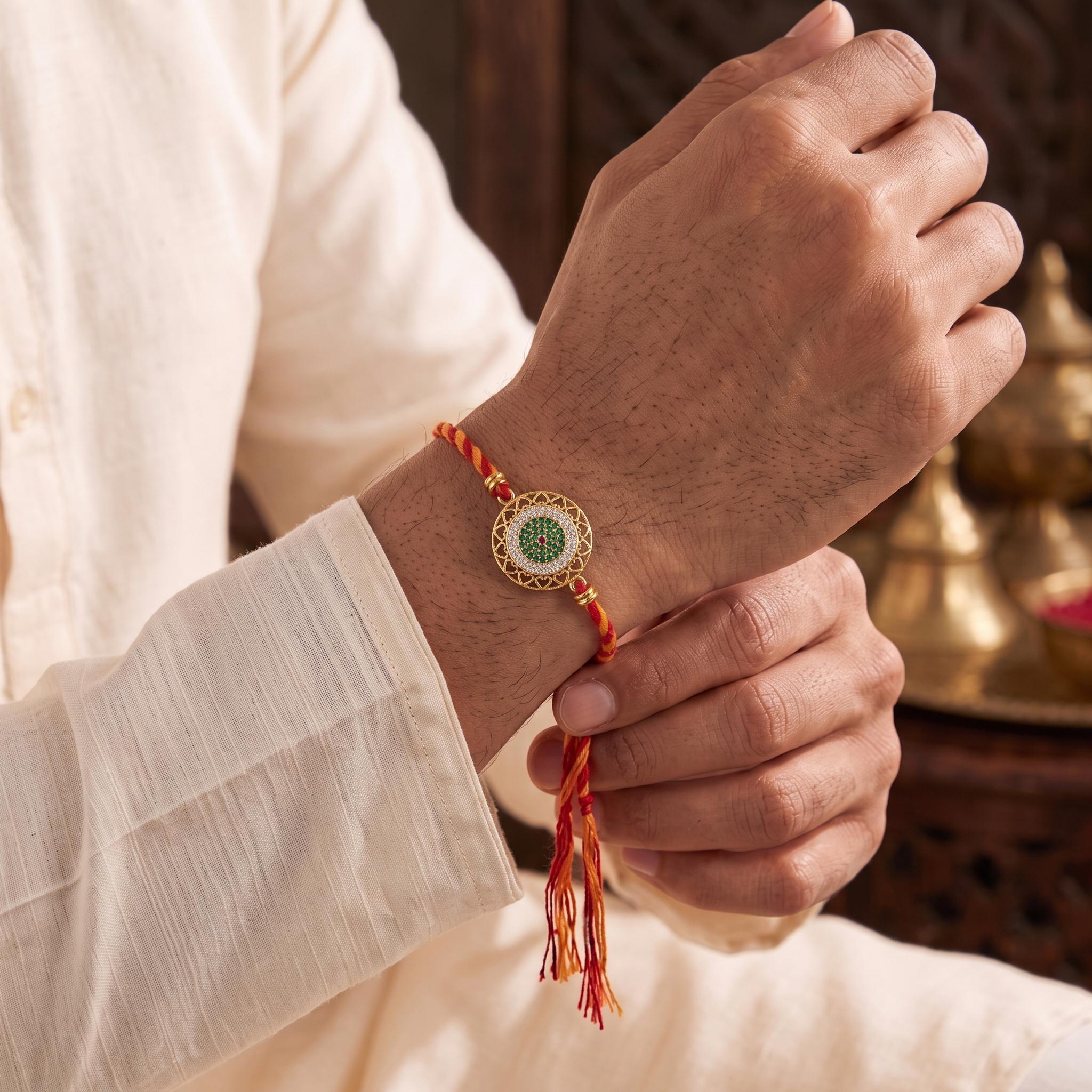 Sacred Heart Halo Green CZ Rakhi ,