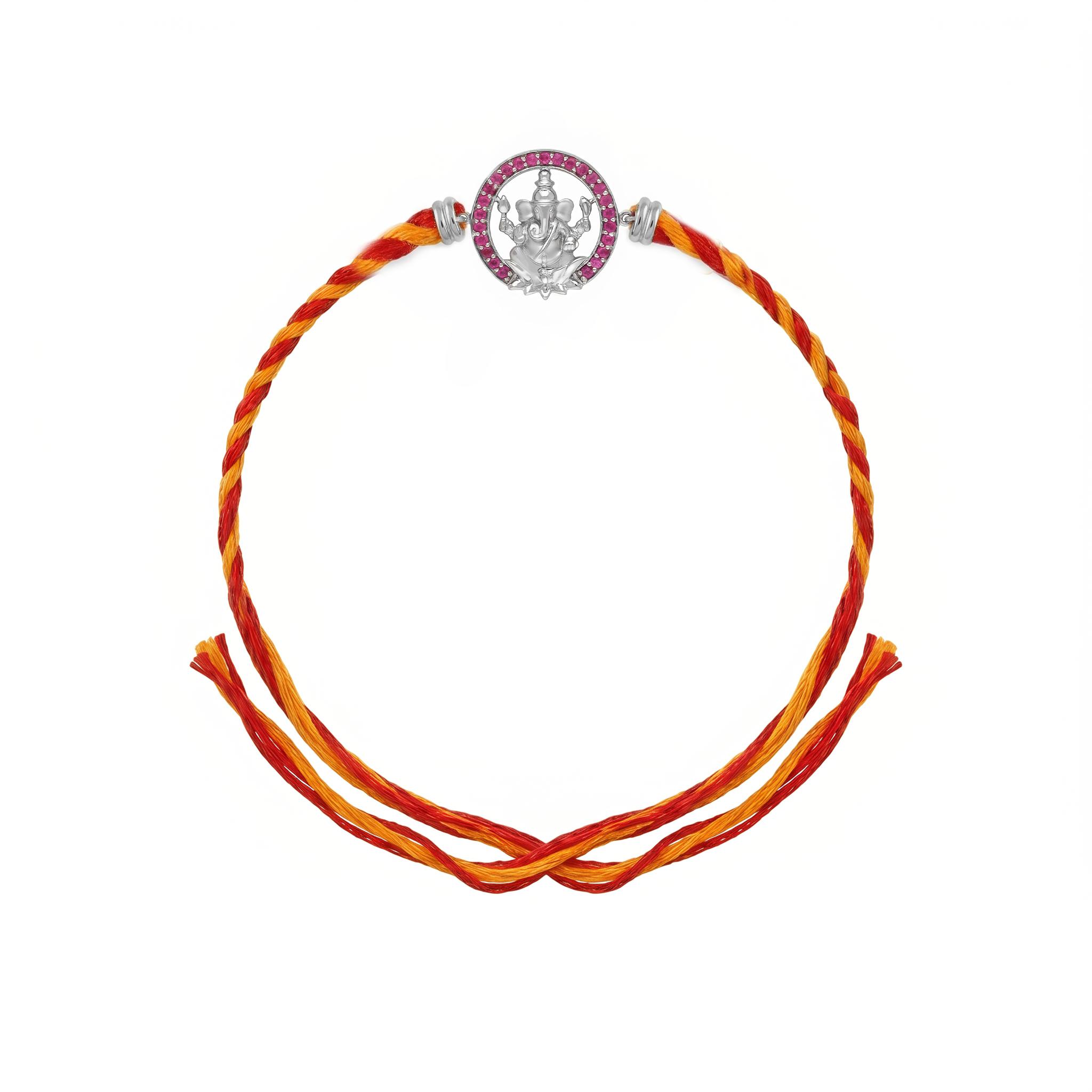 Divine Ganesha Ruby CZ Silver Rakhi ,