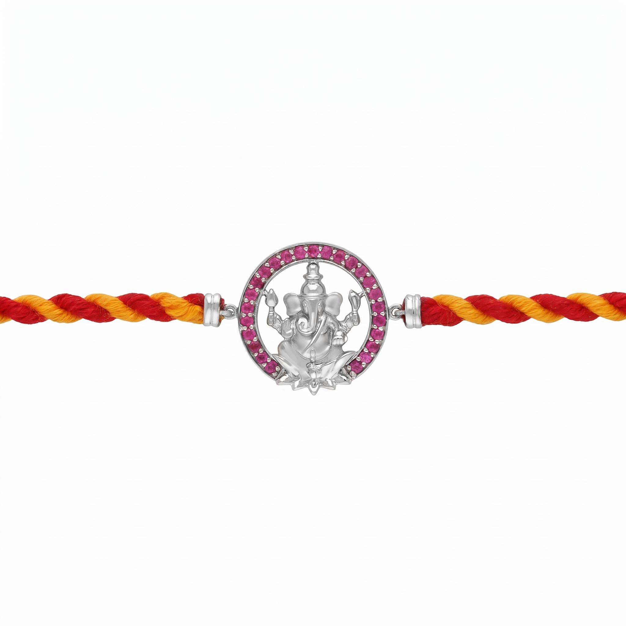 Divine Ganesha Ruby CZ Silver Rakhi ,