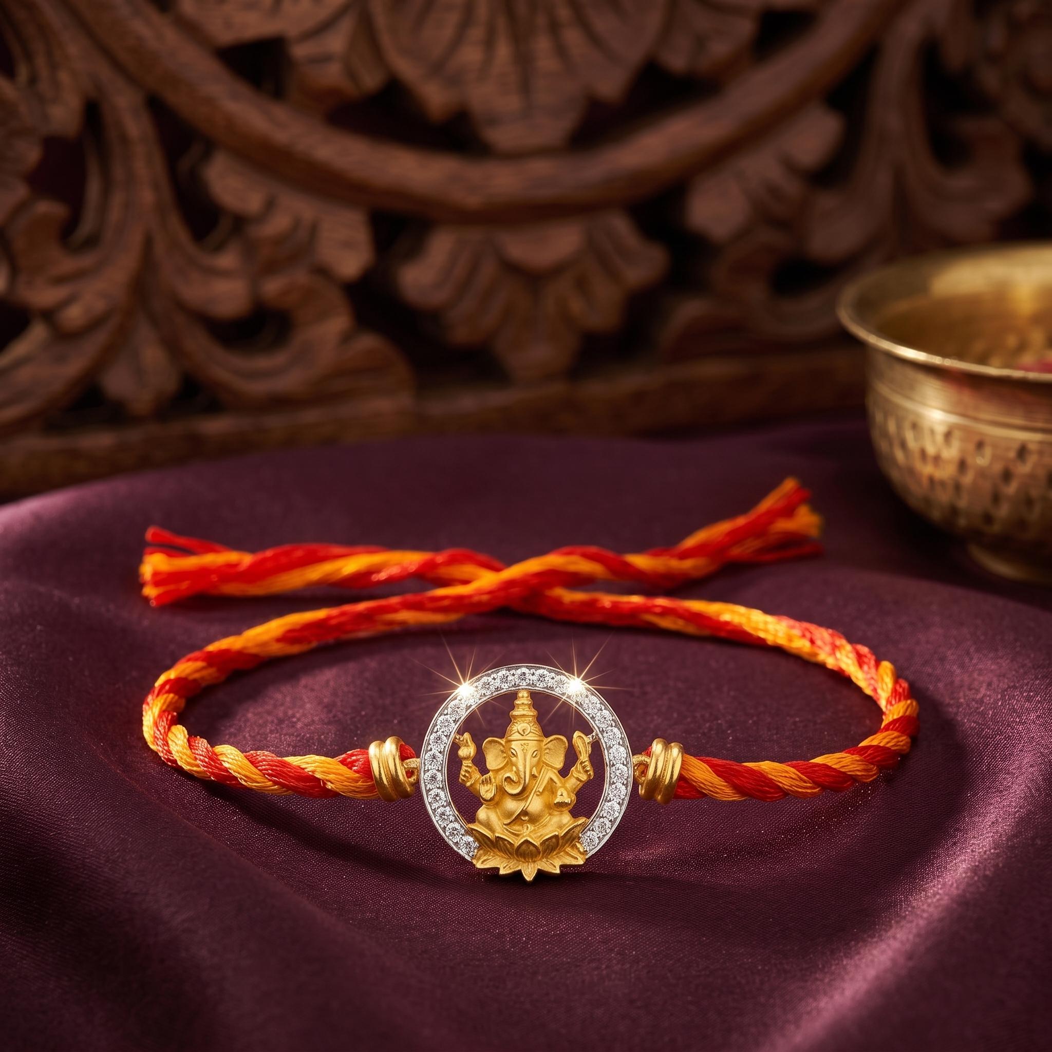 Divine Ganesha Gold-Plated Silver Rakhi ,