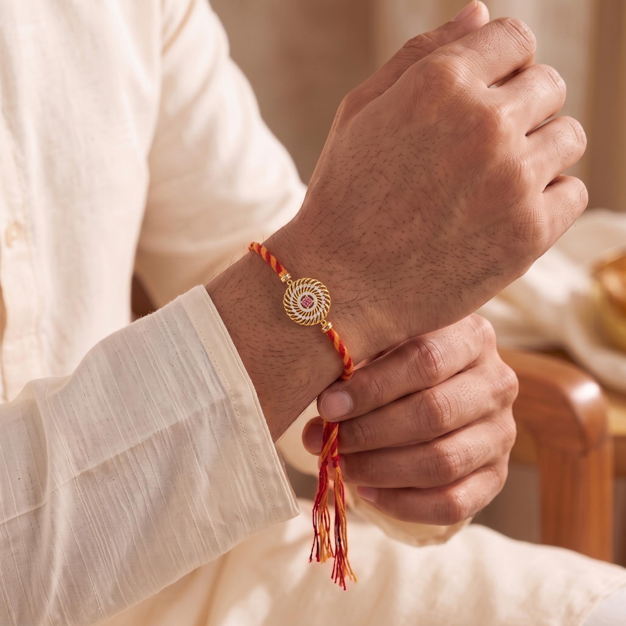 Spiral Chakra Ruby CZ Silver Gold-Plated Rakhi ,