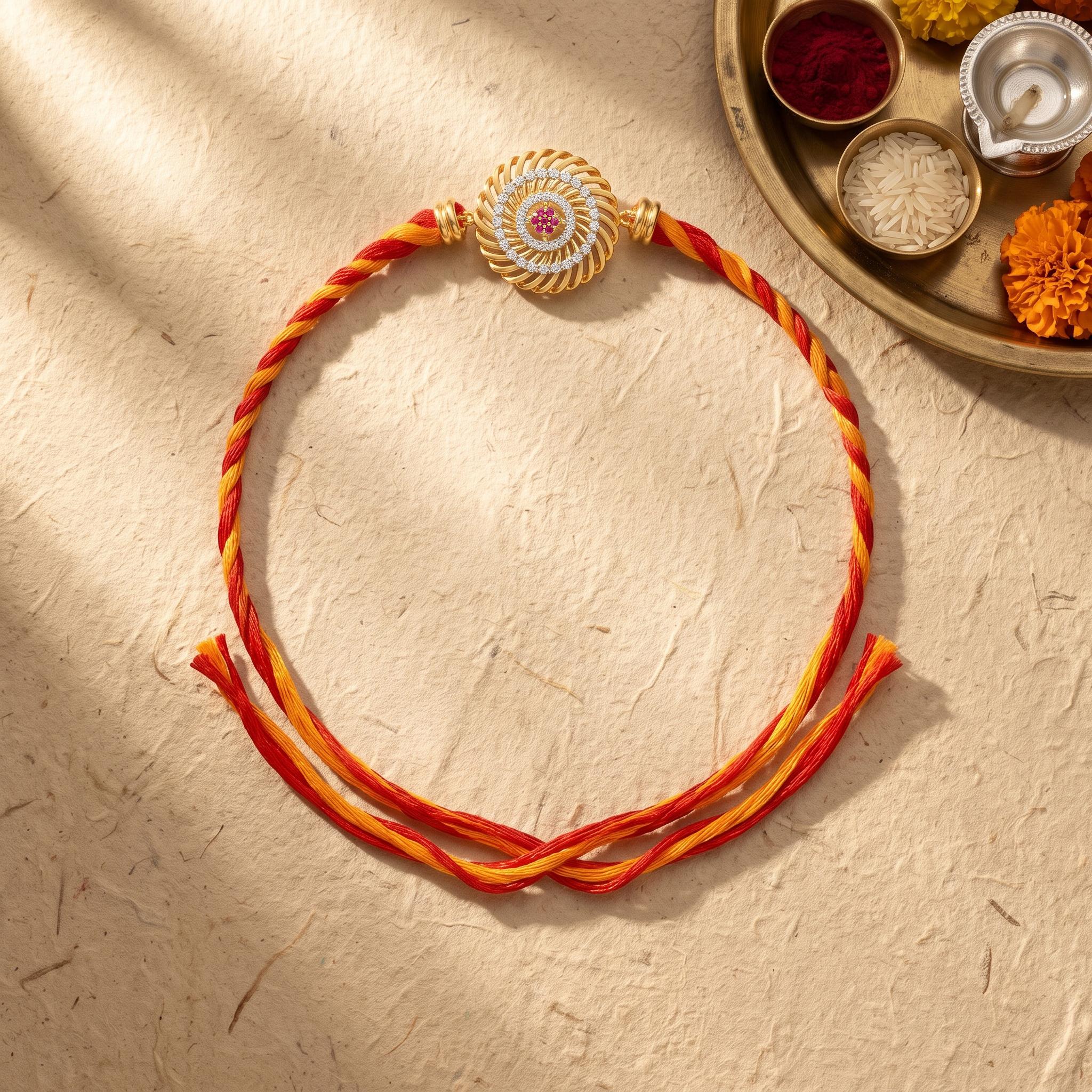 Spiral Chakra Ruby CZ Silver Gold-Plated Rakhi ,
