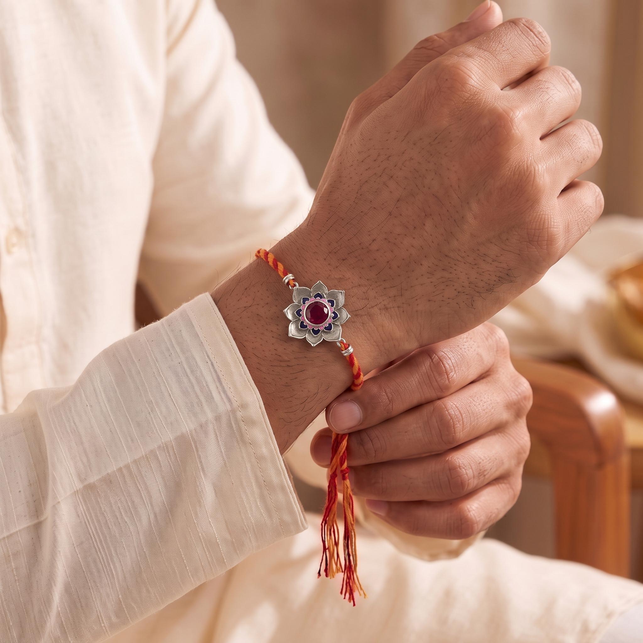Blooming Lotus Silver Rakhi ,