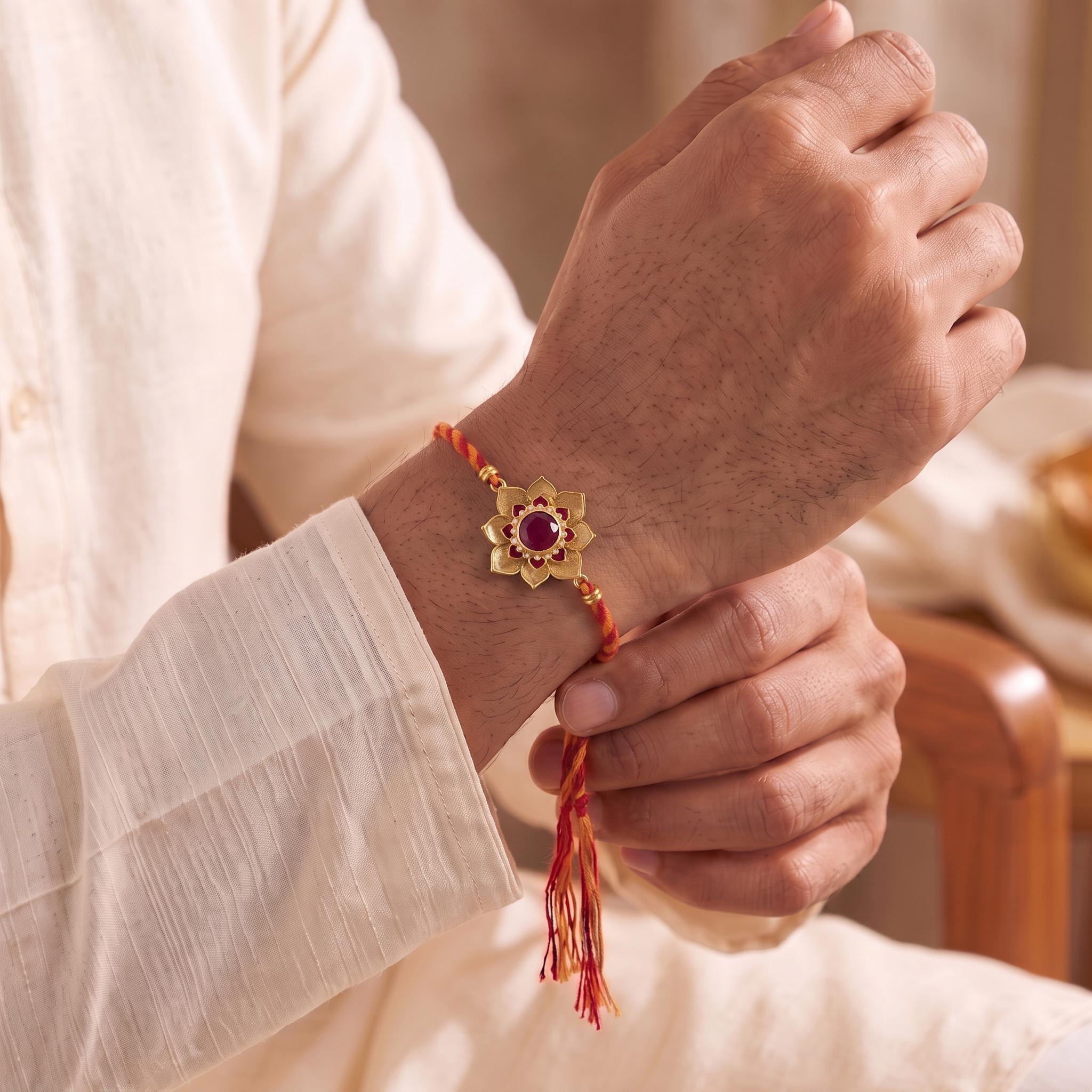 Blooming Enamel Lotus Silver Gold-Plated Rakhi ,