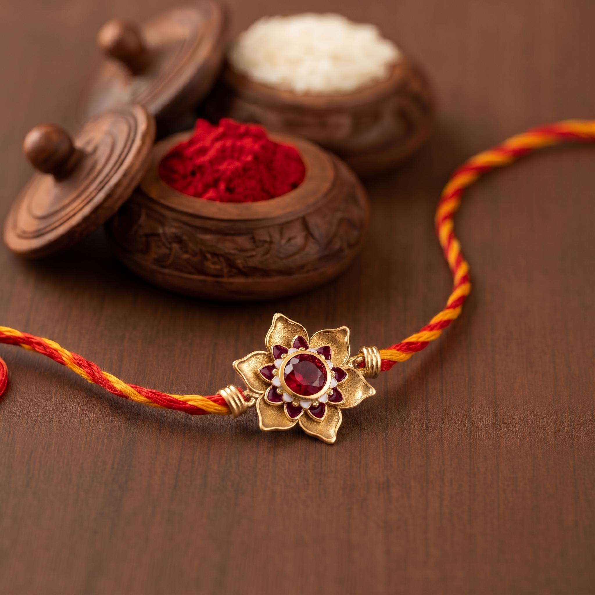 Blooming Enamel Lotus Silver Gold-Plated Rakhi ,